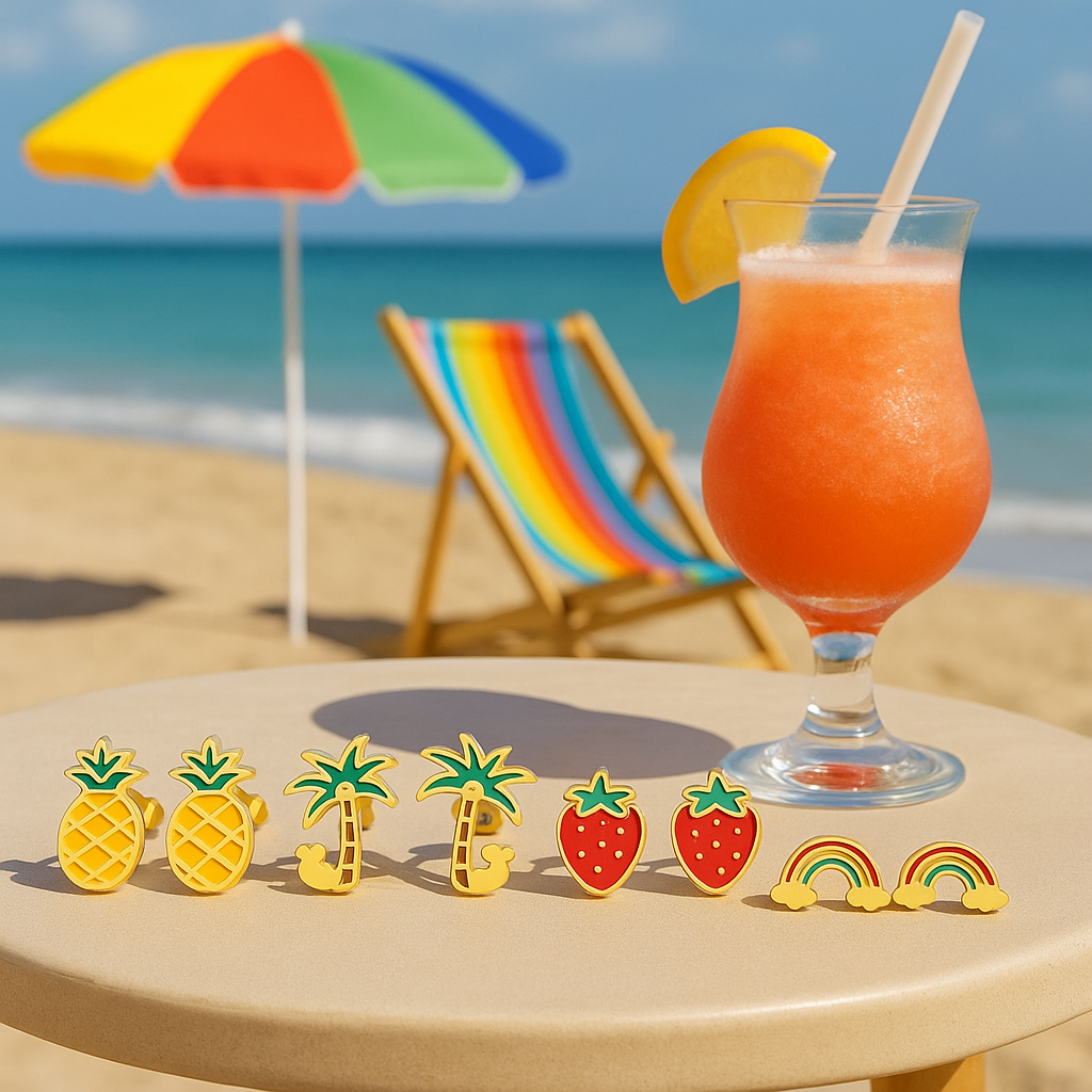 Tropi-Tales Stud Earrings – Pineapple, Coconut Tree, Strawberry & Rainbow Set | Colorful Summer Jewelry