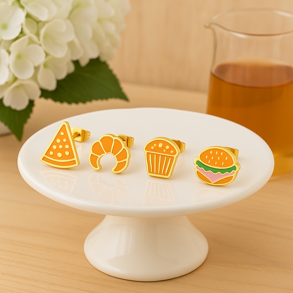Crave-a-Bite Crew Stud Earrings – Pizza, Burger, Cake & Croissant Set | Fun Food Jewelry Gift for Her
