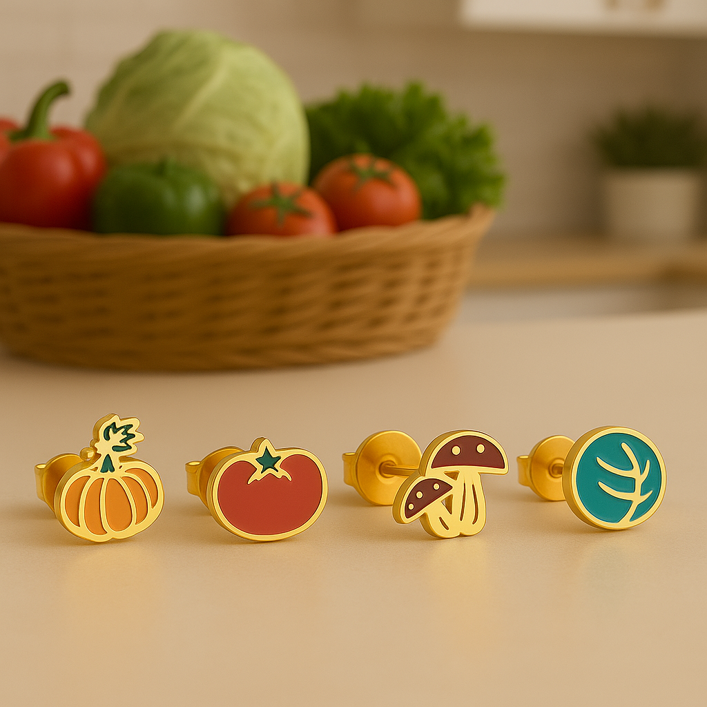 Veggie Whimsy Stud Earrings – Tomato, Pumpkin, Mushroom & Lettuce Set | Funny Kawaii Veggie Jewelry